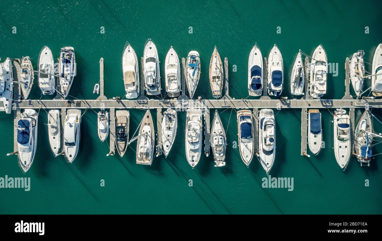 Aerial view of marina, with boats alongside Stock Photo