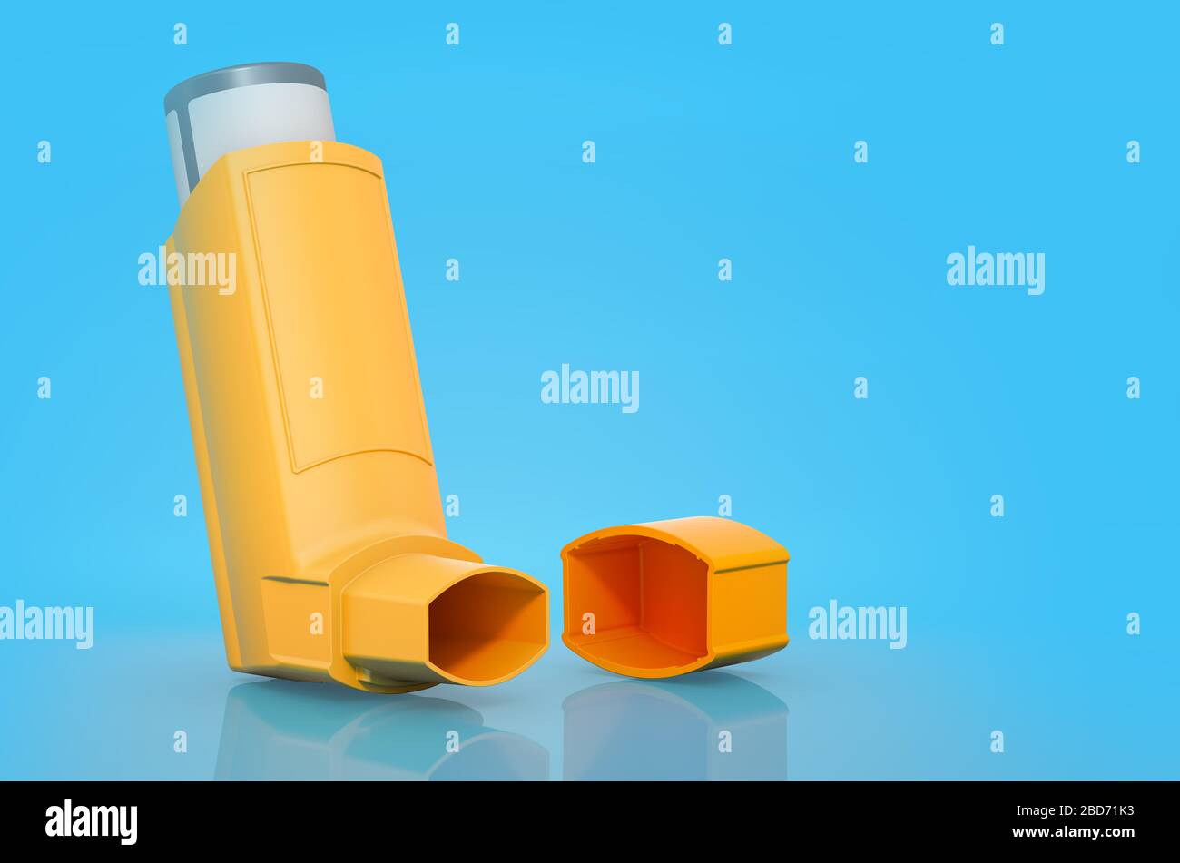 Orange metered-dose inhaler on blue background, 3D rendering Stock Photo