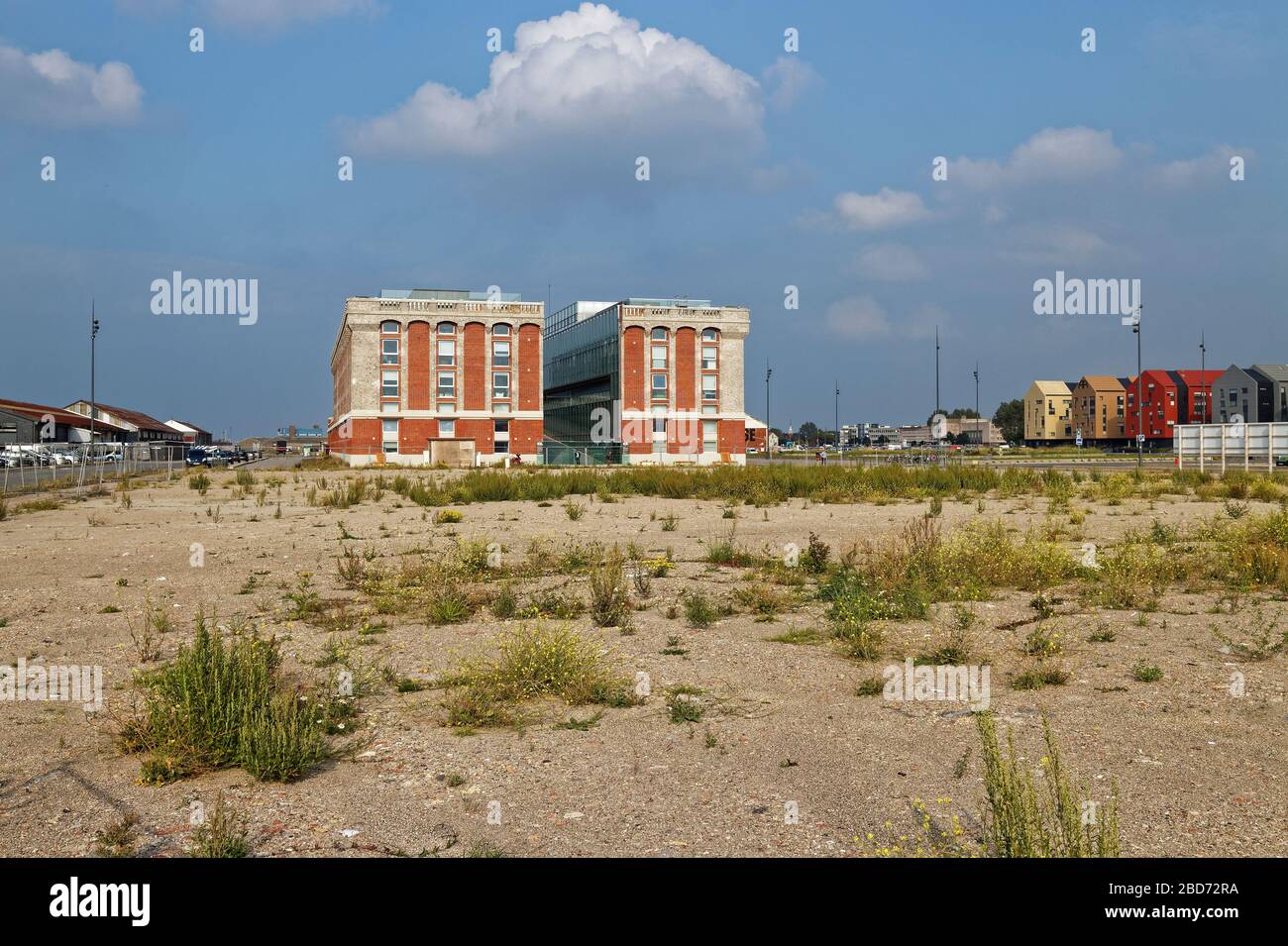 New Office and Residential Buildings amongst the derelict Port lots surrounding the Inner Harbour area of Dunkirk. Stock Photo