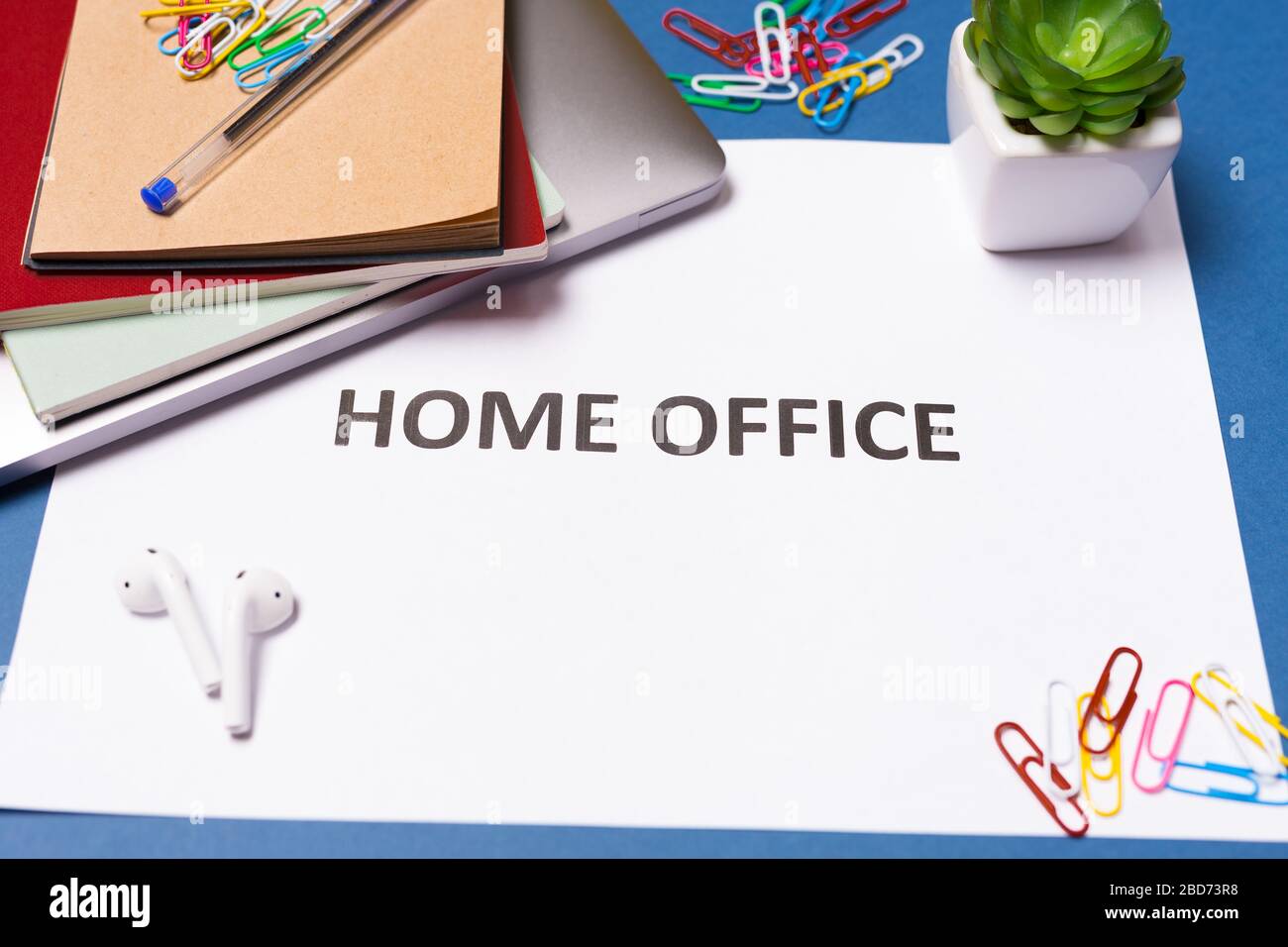 Desk top with Words Home office. Pandemic Protection Concept