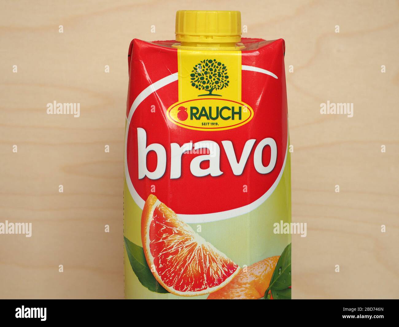 RANKWEIL, AUSTRIA - CIRCA APRIL 2020: Rauch Bravo red orange juice packet Stock Photo