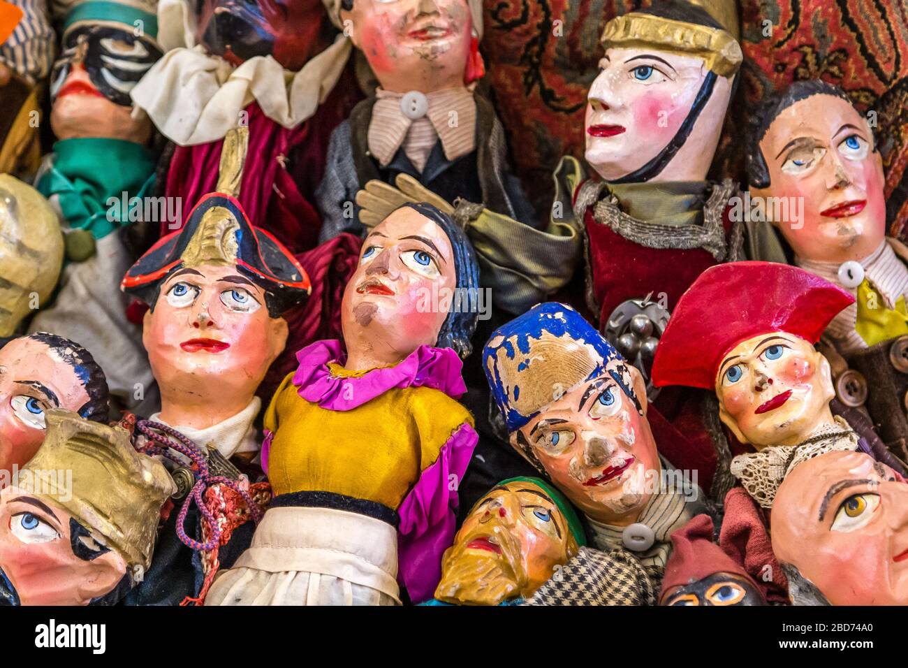 CESENA (FC) - FEBRUARY 17, 2019: lights are enlightening puppets for sale on stalls at antique fair Stock Photo