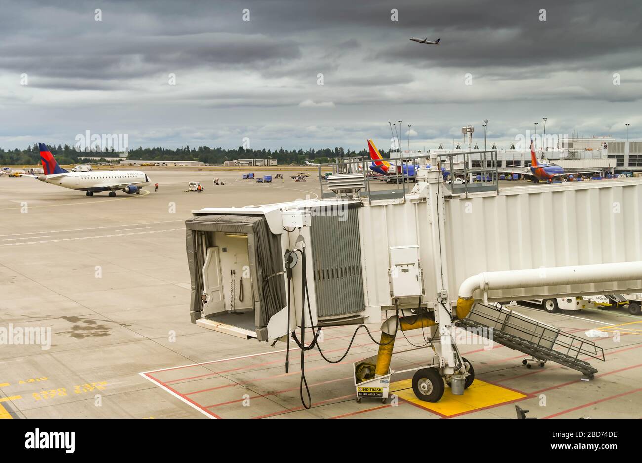 SEATTLE TACOMA AIRPORT, WA, USA - JUNE 2018: Empty jet bridge at Seattle Tacoma airport Stock Photo