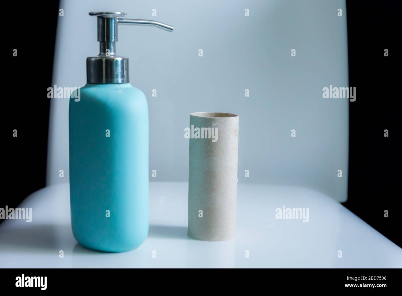 Toilet paper roll placed on a commod along with hand soap. Hygeine concept, Sweden Stock Photo