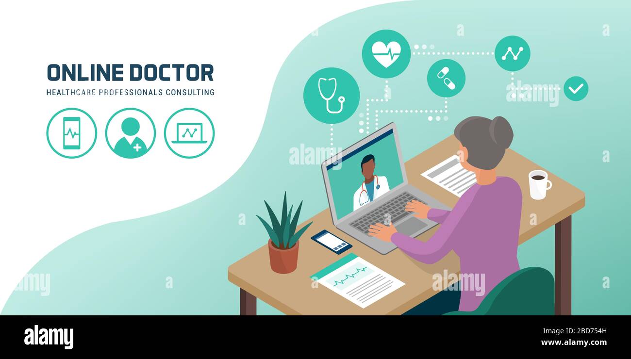 Senior woman connecting with her laptop and videocalling her doctor from home, telemedicine concept Stock Vector