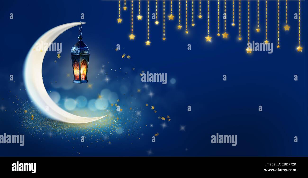 Ramadan Kareem background banner. Islamic Greeting Cards for Muslim Holidays and Ramadan. Blue banner with moon, gold stars and lantern. Stock Photo