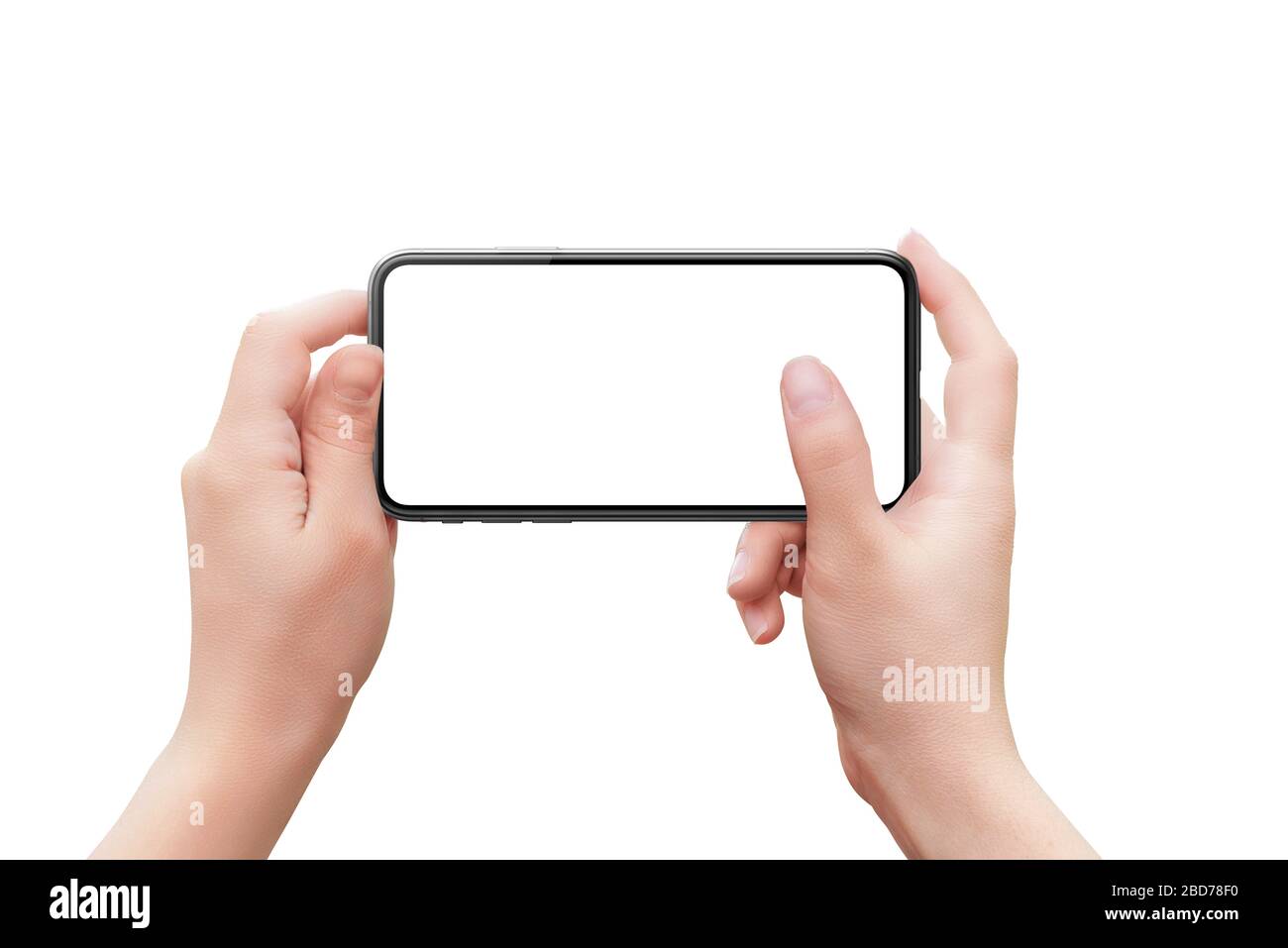 Phohe mockup in woman hands. Horizontal position. Concept of camera or app use with finger on screen. Isolated background Stock Photo