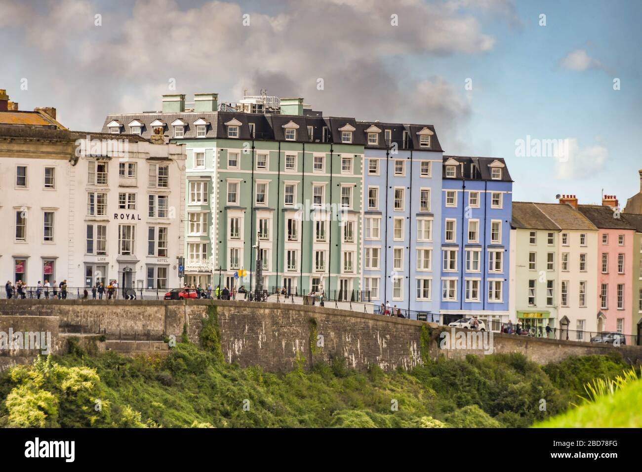 TENBY, PEMBROKESHIRE, WALES - AUGUST 2018: Multi-coloured buildings including hotels in Tenby, West Wales. Stock Photo