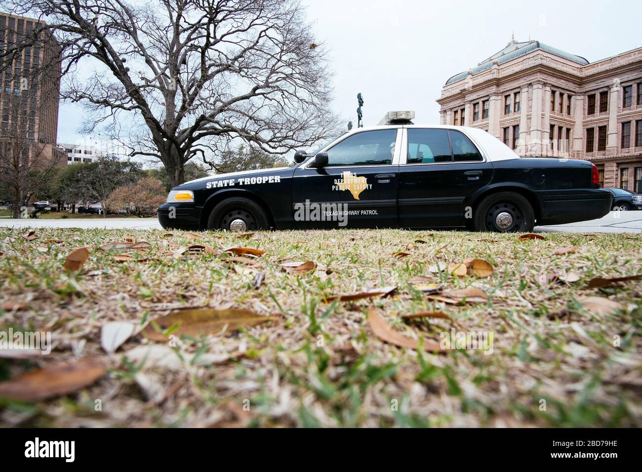 A highway patrol car outside Texas Capitol in Austin, Texas Stock Photo