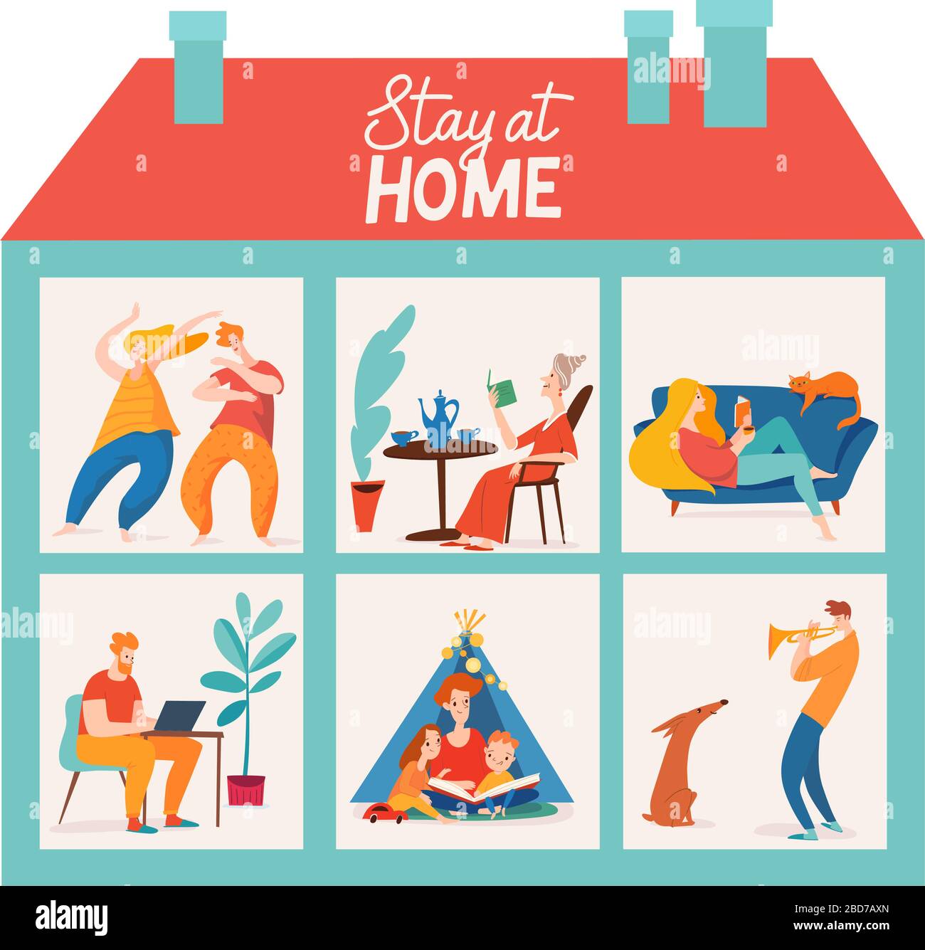 Stay at home vector quarantine poster illustration with family spend ...