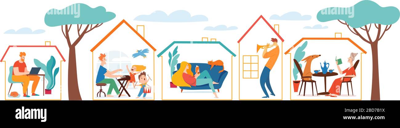Stay at home vector quarantine illustration with different people and ...