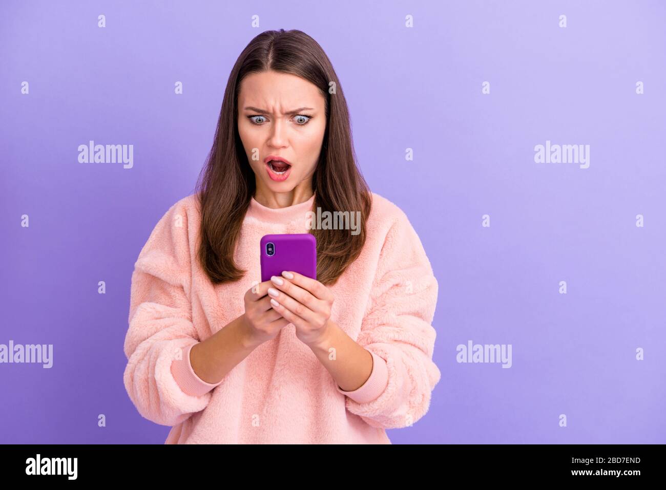 We need to break up. Photo of crazy blogger lady holding telephone ...