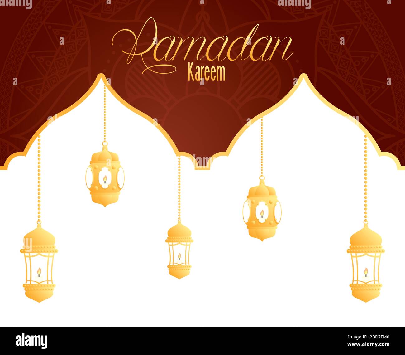 Ramadan kareem card with golden lanterns hanging Stock Vector Image ...