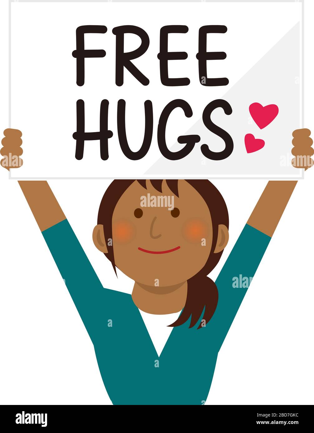 Cartoon young woman holding a free hugs placard. Flat vector illustration. Stock Vector
