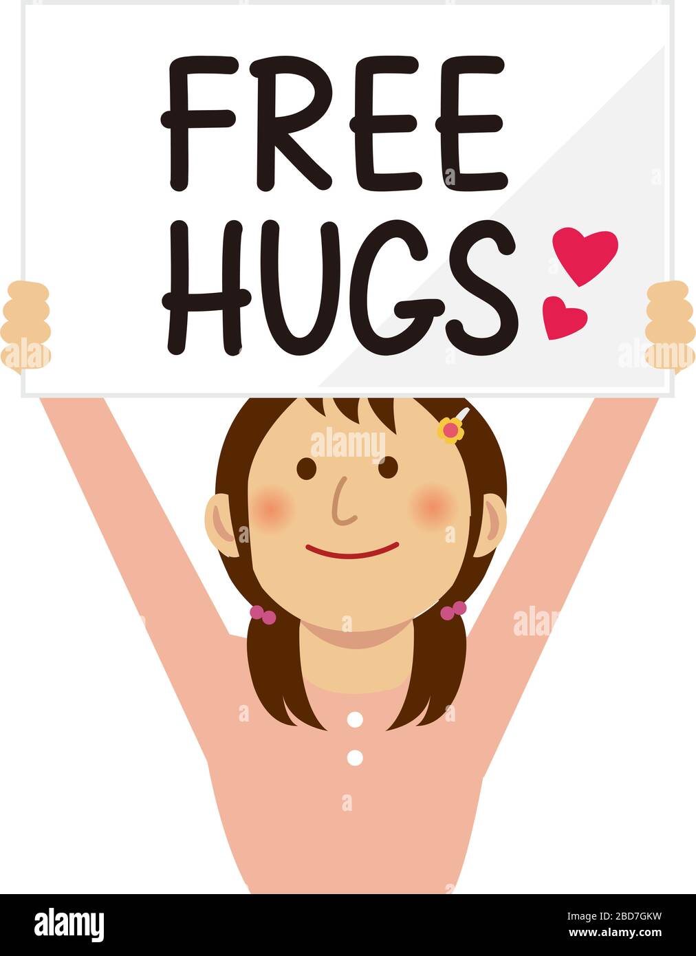 Cartoon young woman holding a free hugs placard. Flat vector illustration. Stock Vector