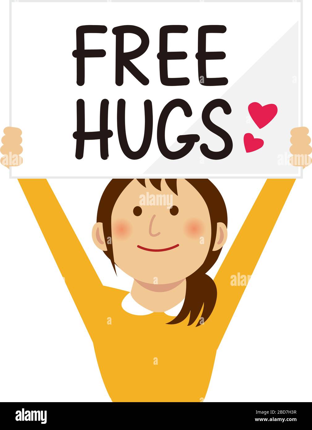 Cartoon young woman holding a free hugs placard. Flat vector illustration. Stock Vector