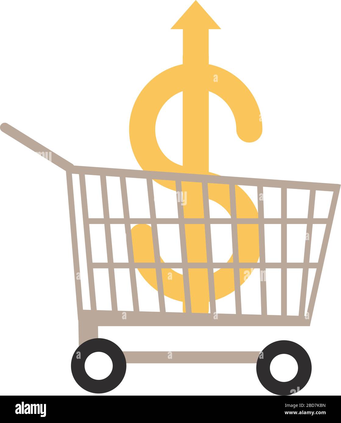 shopping cart with money going up arrow, rising food prices, flat style icon vector illustration