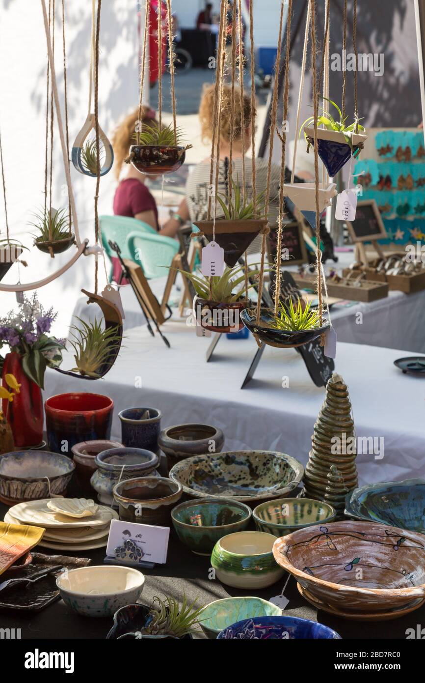 Pottery with air plants displayed by a vendor at Fort Wayne's Farmers Market in downtown Fort Wayne, Indiana, USA. Stock Photo