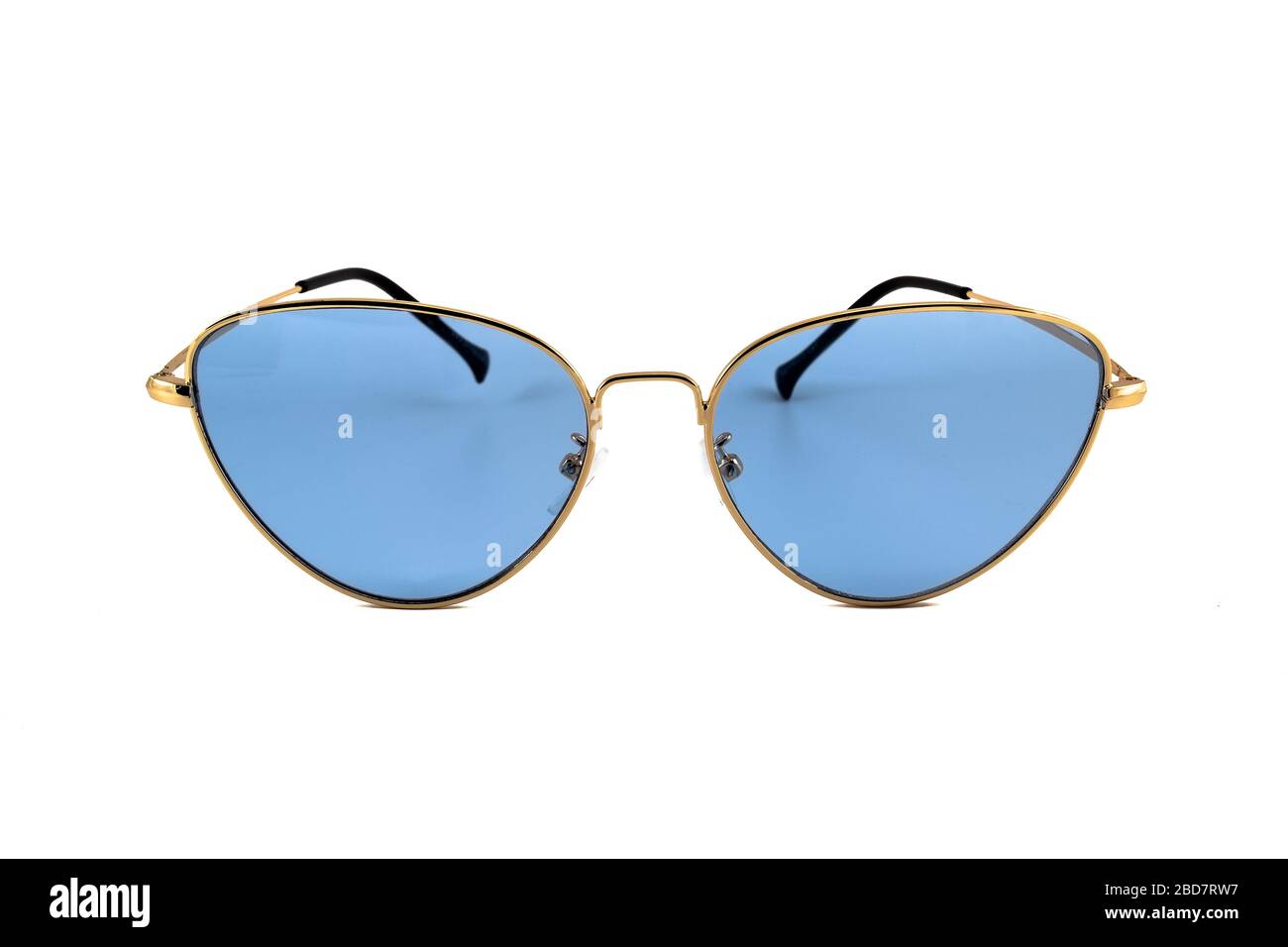 Blue cat eye sunglasses with gold wrap around frames isolated on white
