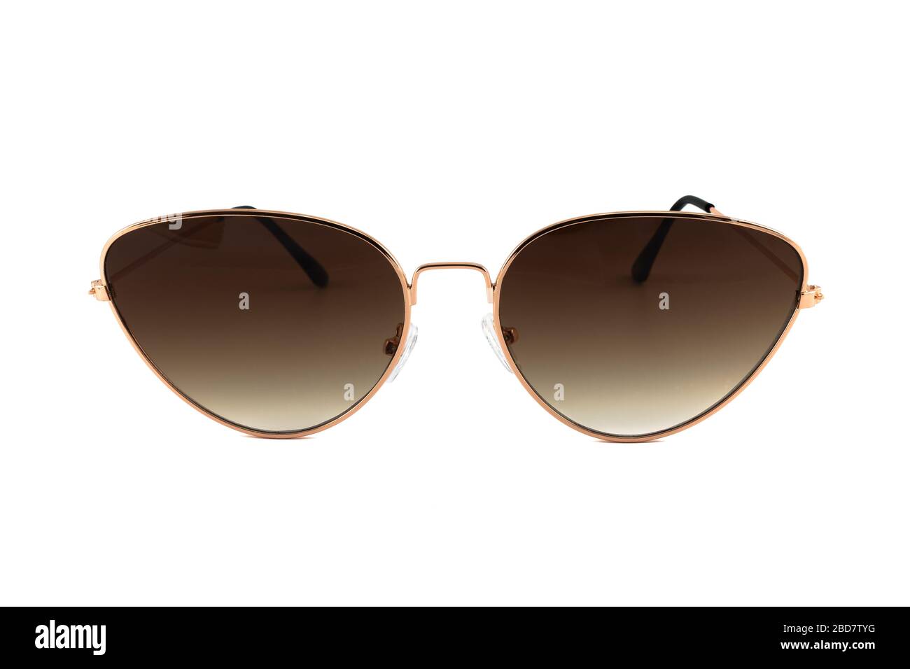 Brown cat eye sunglasses with gold wrap around frames isolated on white