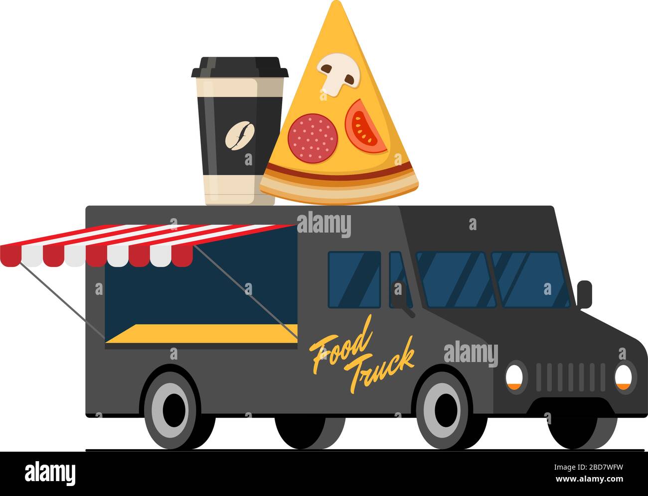 Fast food black pizzeria cooking truck. Pizza slice and coffee paper cup on van roof. Eatery car delivery service or festival on street cuisine wheels vector flat isolated eps illustration Stock Vector