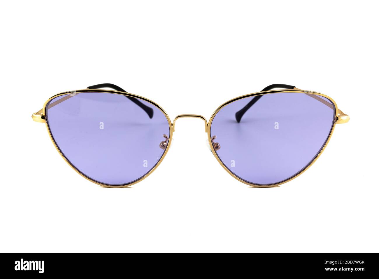 Purple color cat eye sunglasses with gold wrap around frames isolated