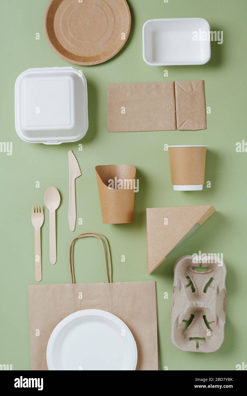 Top view of disposable and ecofriendly foodrelated items Stock Photo