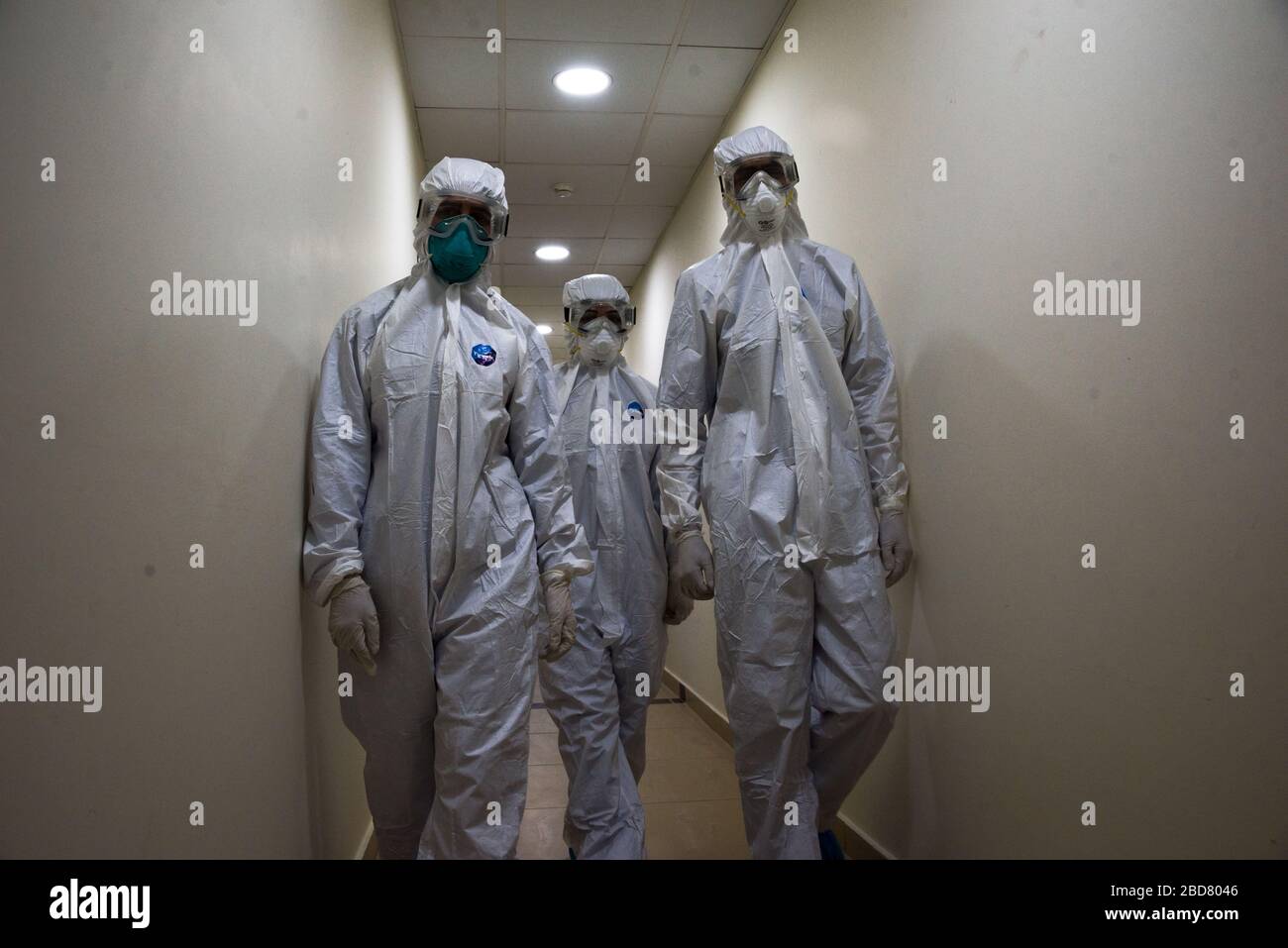 Douris, Lebanon, 7 April 2020. Frontline staff on COVID Ward A at Dar Al Amal University Hospital's novel coronavirus treatment facility. They are currently caring for five patients, two in the ICU. Elizabeth Fitt Credit: Elizabeth Fitt/Alamy Live News Stock Photo