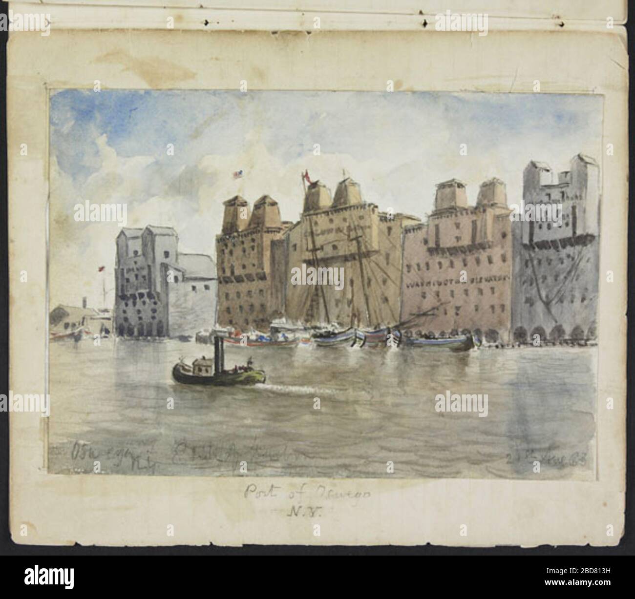 'English: Port of Oswego, N.Y.; English: Watercolour from Henry Egerton Baines' journal, A Month's Leave or The Cruise of the Breeze. Watercolour depicts a tugboat and buildings in the port of Oswego, N.Y.; 21 August 1863date QS:P571,+1863-08-21T00:00:00Z/11; ' Stock Photo
