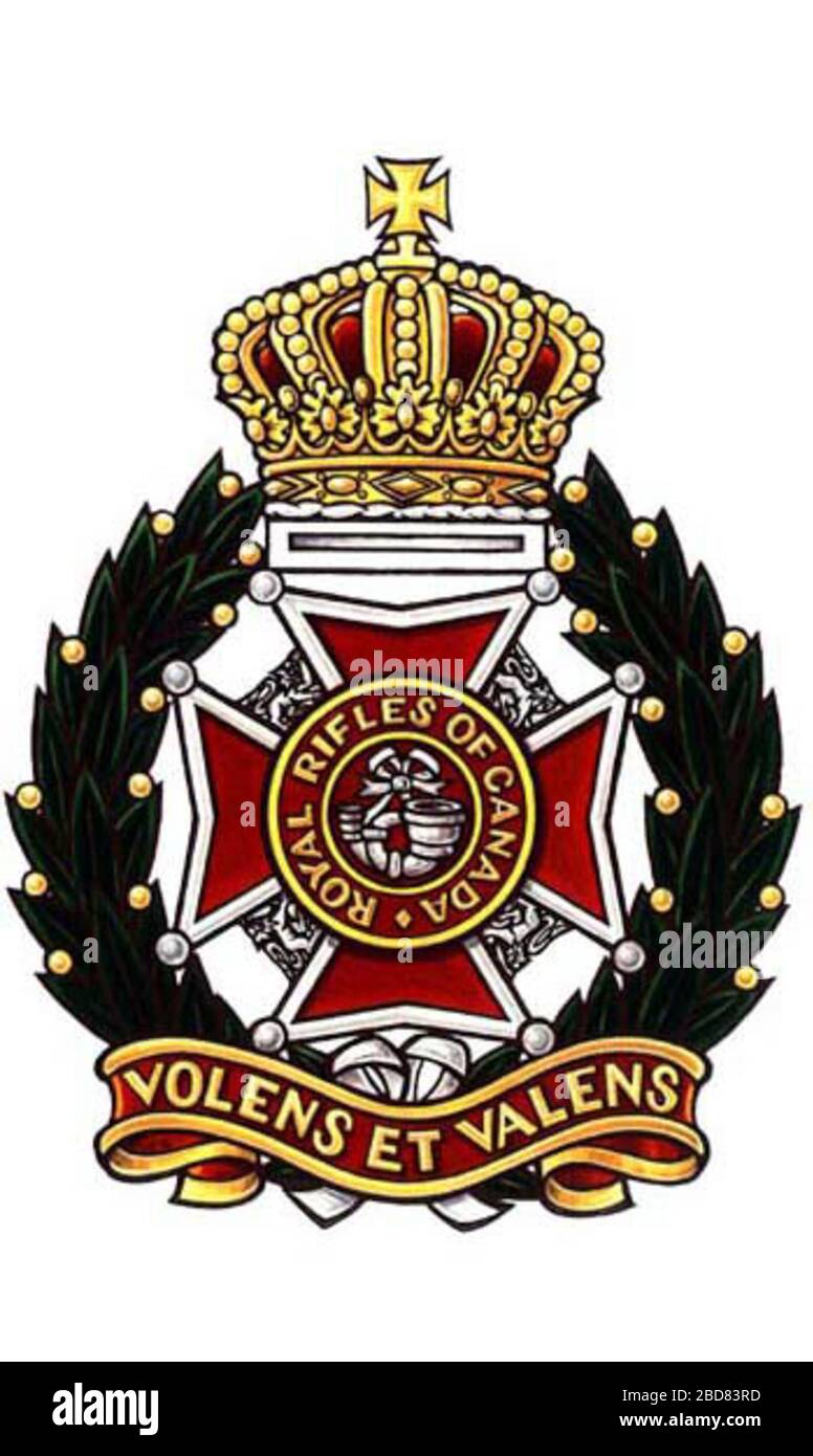'English: Badge of the Royal Rifles of Canada; circa 1920 date QS:P,+1920-00-00T00:00:00Z/9,P1480,Q5727902; http://www.cmp-cpm.forces.gc.ca/dhh-dhp/his/ol-lo/vol-tom-3/par2/rrc-01-eng.asp; Canadian Armed Forces; ' Stock Photo