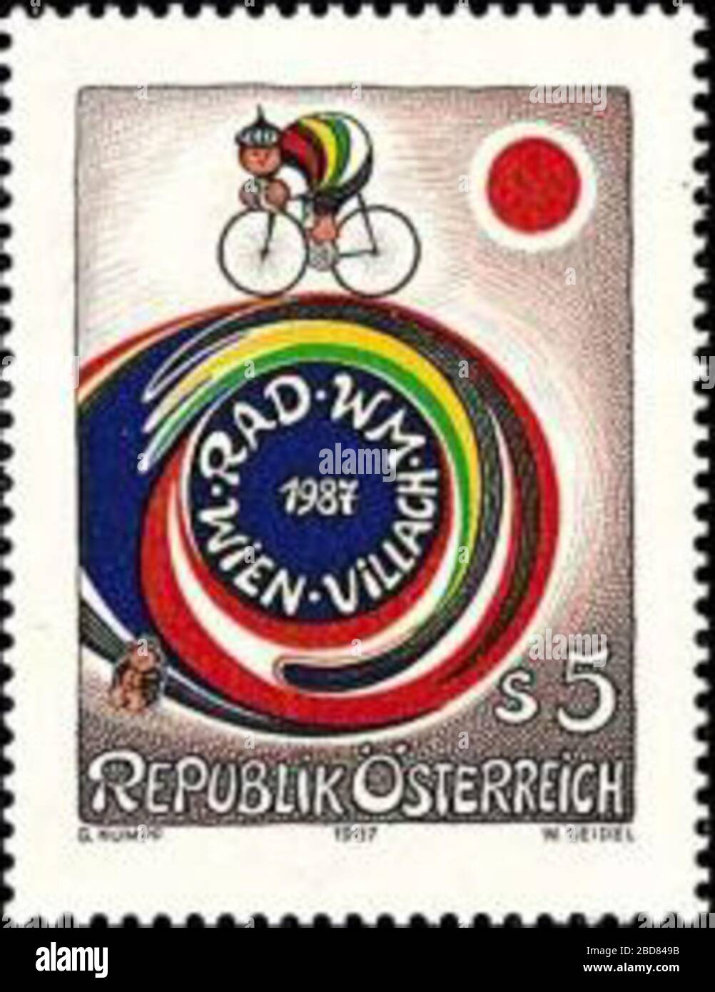 'Deutsch: Österreichische Briefmarke zur Rad-Weltmeisterschaft 1987 in Villach; 1987; http://www.austria-lexikon.at/af/Wissenssammlungen/Briefmarken/1987/Rad-WM; G Kumpf / W. Seidel; ' Stock Photo