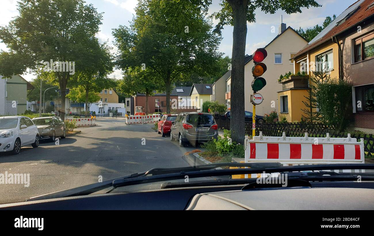 red temporary traffic lights, Germany, North Rhine-Westphalia Stock Photo