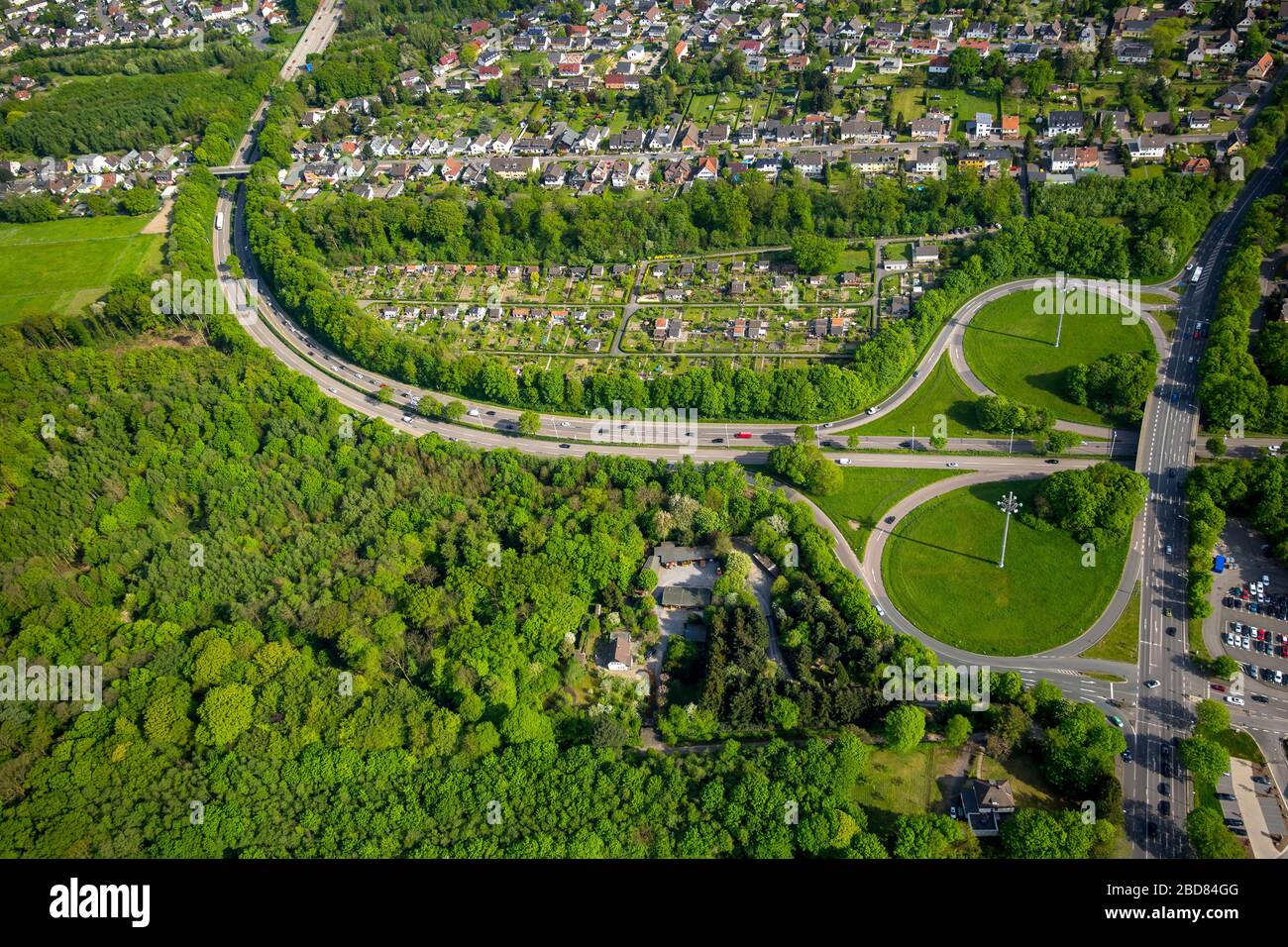 , Routing and traffic lanes at the highway exit A 46 in Hagen, 09.05.2016, aerial view, Germany, North Rhine-Westphalia, Ruhr Area, Hagen Stock Photo