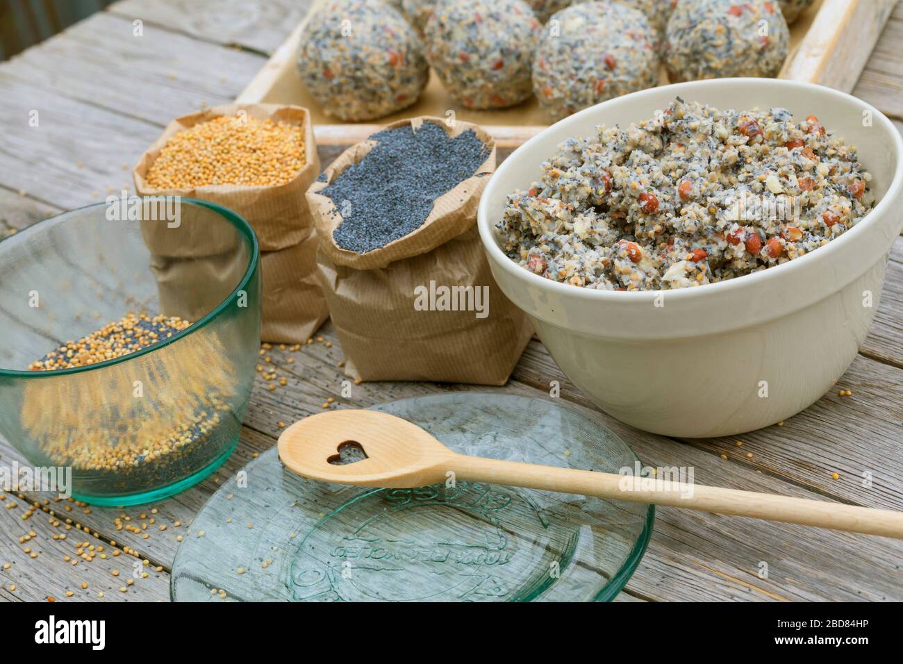 do-it-yourself bird fat balls, step one: ingredients: fat-rich food, poppy seeds, millet seeds Stock Photo