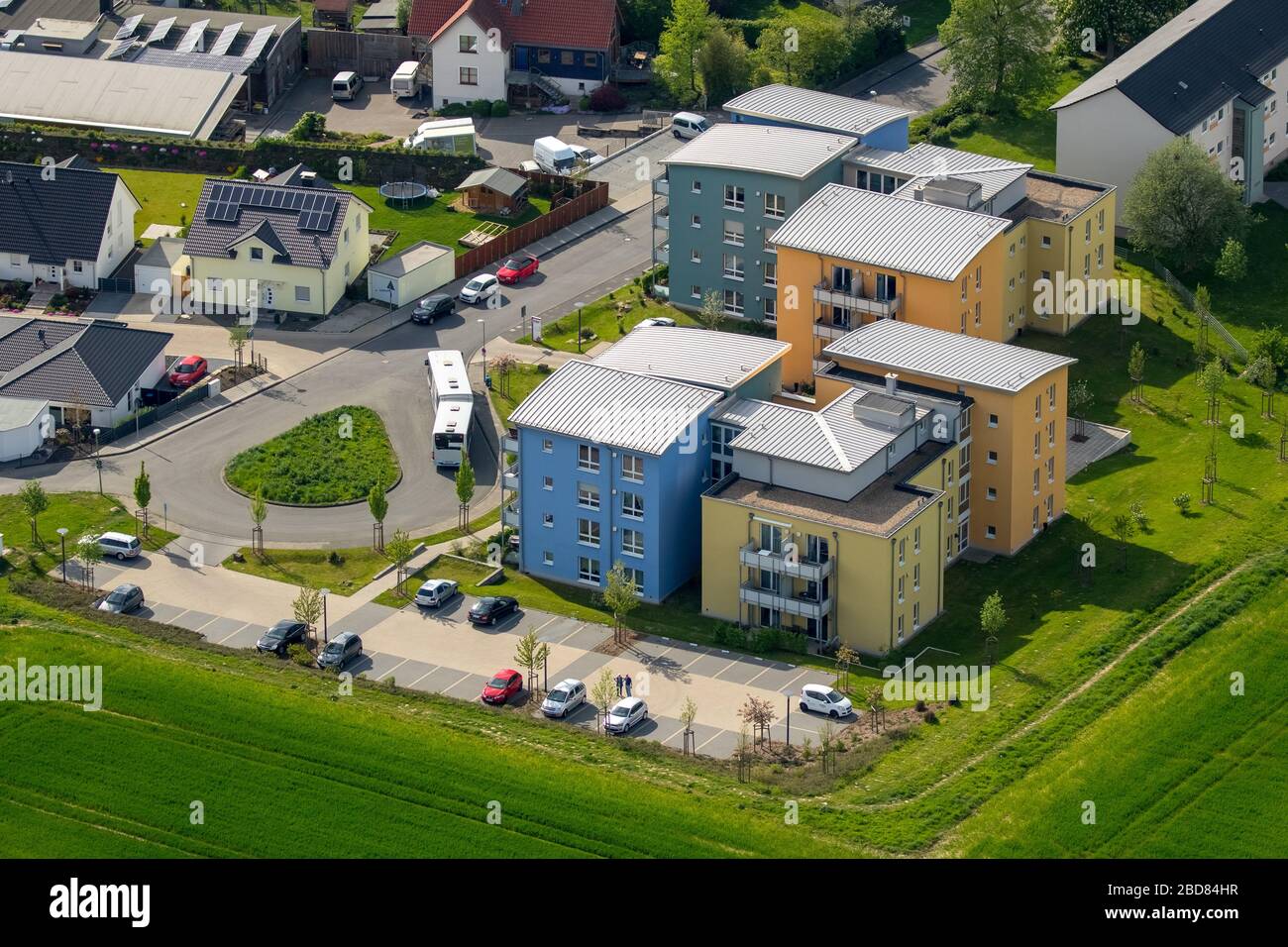 , new residental ares at Koehlerweg and Hinter den Gaerten in Hagen-Emst, 09.05.2016, aerial view, Germany, North Rhine-Westphalia, Ruhr Area, Hagen Stock Photo