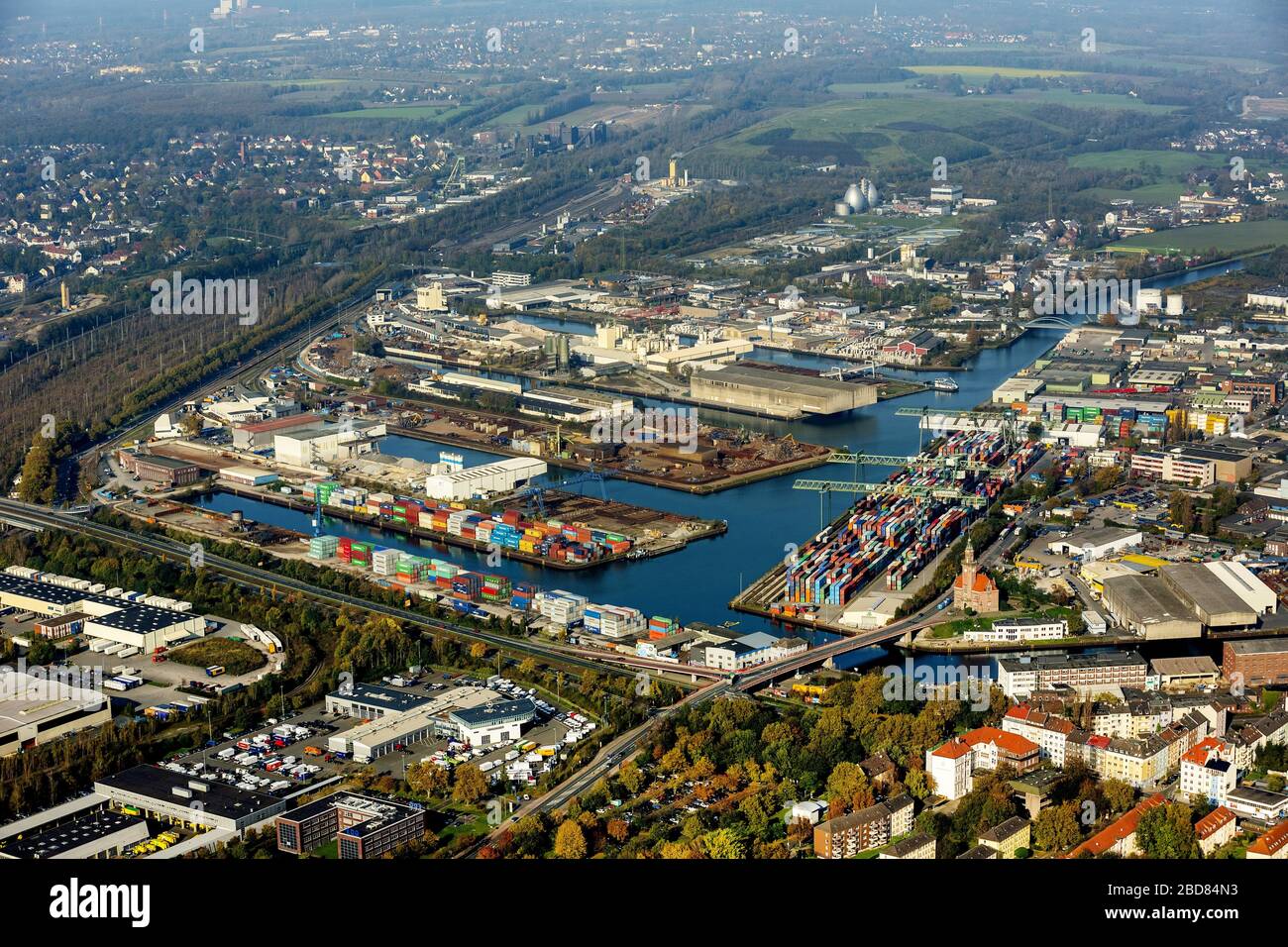 , port of Dortmund, 28.10.2014, aerial view, Germany, North Rhine-Westphalia, Ruhr Area, Dortmund Stock Photo