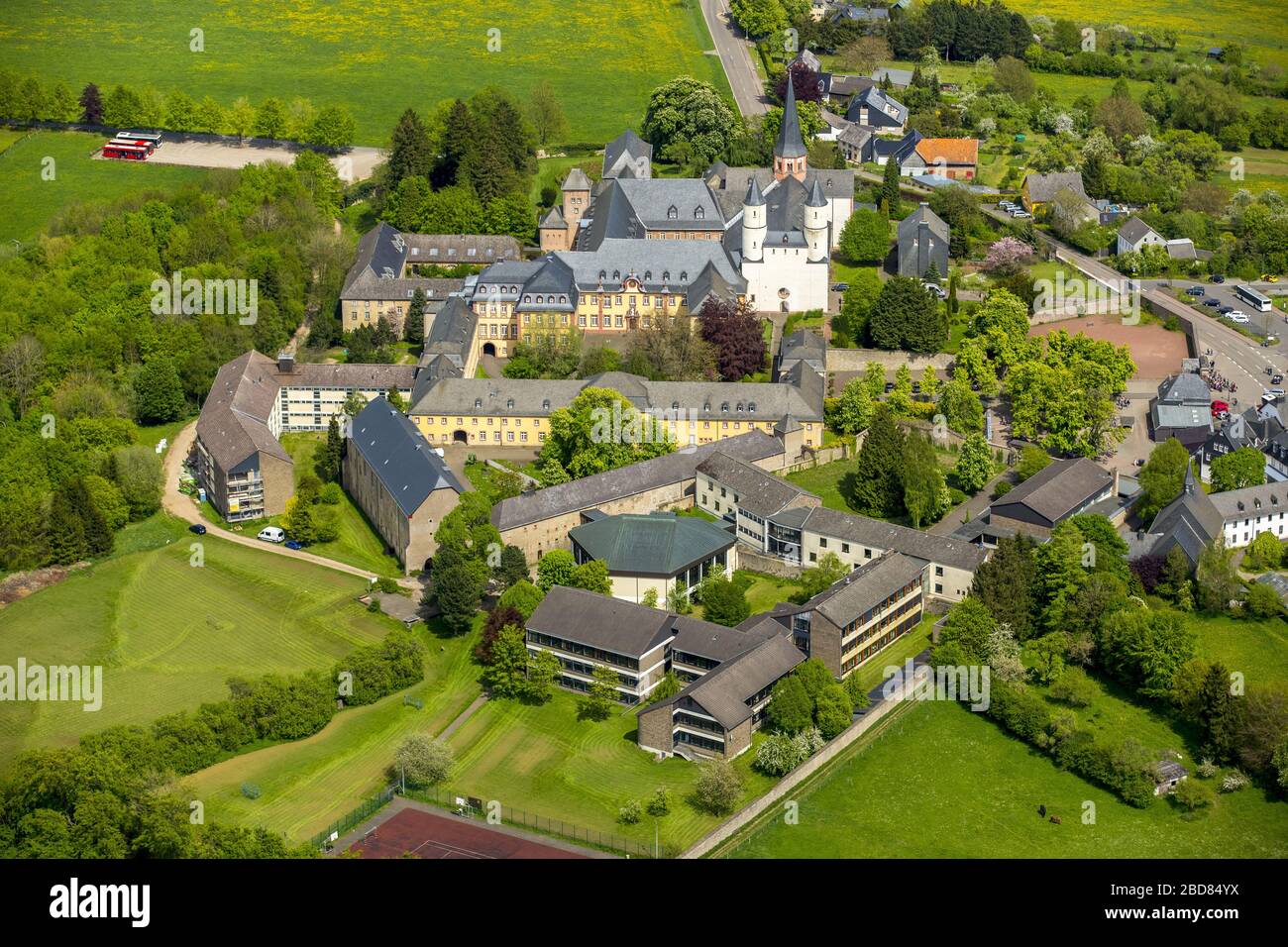 , monastery Steinfeld with basilica in Kall, 11.05.2015, aerial view, Germany, North Rhine-Westphalia, Eifel Stock Photo