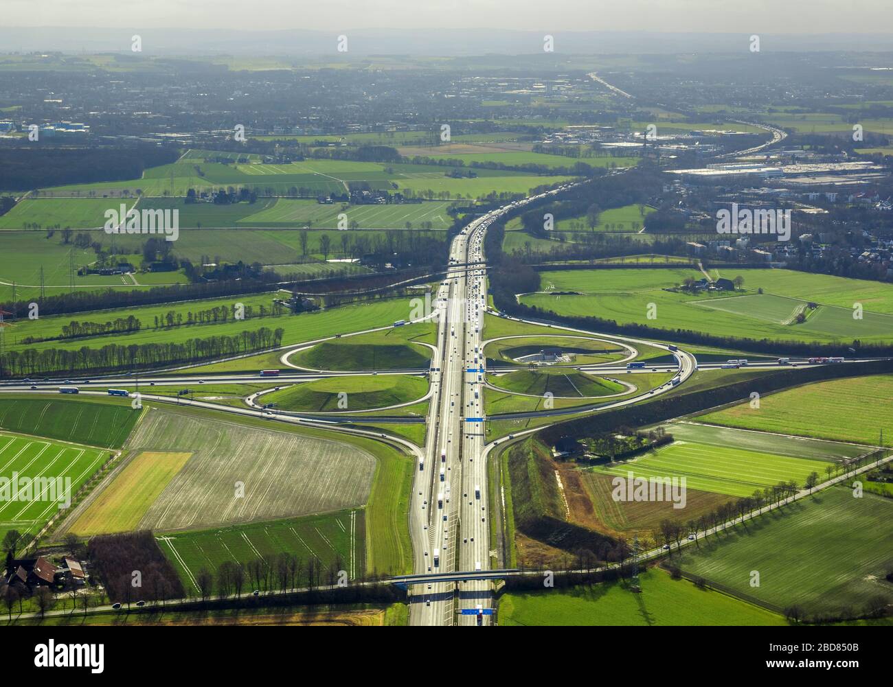 , motorway interchange of A2 and A1 at Kamen, 14.02.2014, aerial view, Germany, North Rhine-Westphalia, Ruhr Area, Kamen Stock Photo