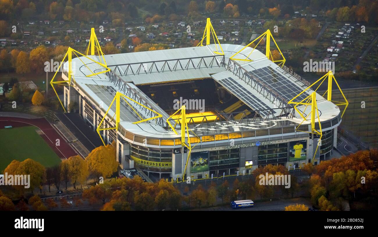 , stadium Westfalenstadion of Dortmund BVB, 30.10.2015 , aerial view, Germany, North Rhine-Westphalia, Ruhr Area, Dortmund Stock Photo