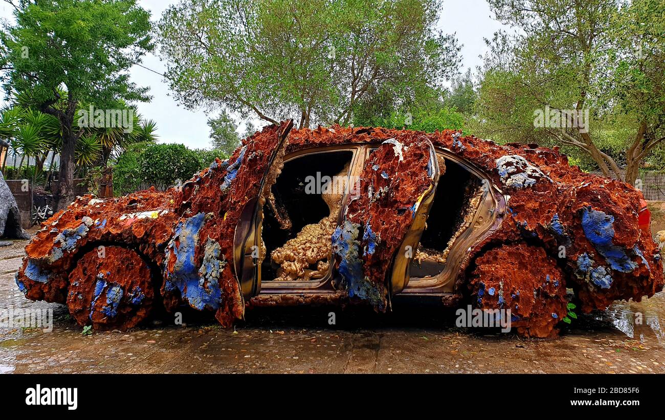 car coated with foam - Junk Art, Spain, Balearic Islands, Majorca Stock Photo