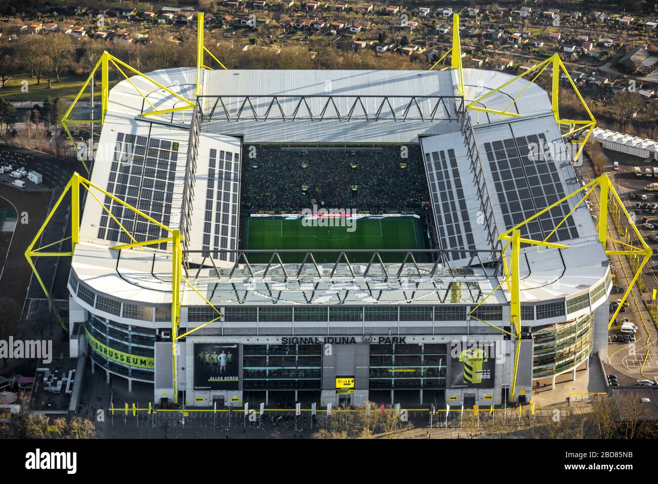 , stadium Westfalenstadion of Dortmund BVB, 28.02.2015, aerial view, Germany, North Rhine-Westphalia, Ruhr Area, Dortmund Stock Photo