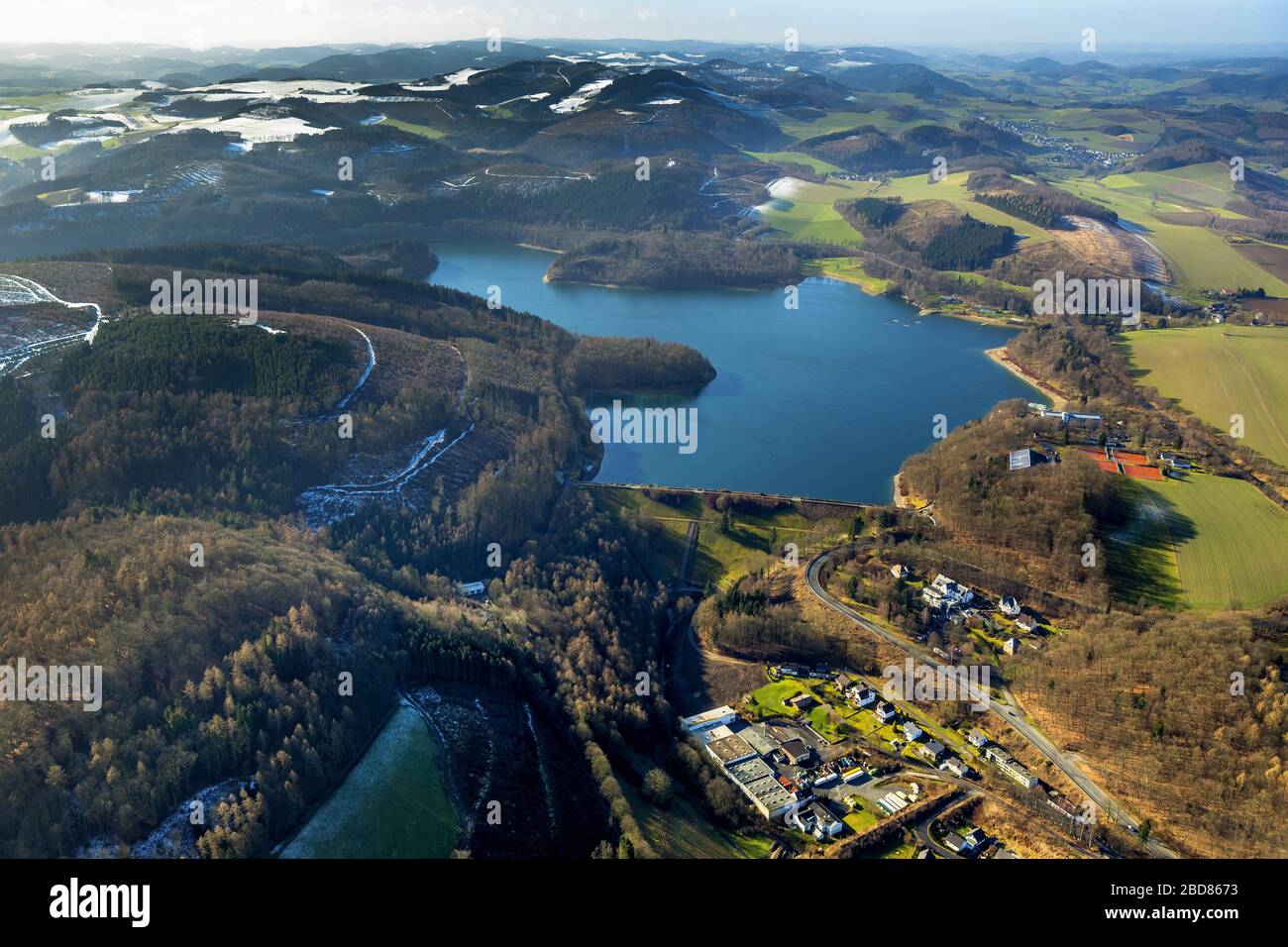 , Lake Hennesee at the Hennedam near Meschede in sunlight, 02.02.2014, aerial view, Germany, North Rhine-Westphalia, Sauerland, Meschede Stock Photo