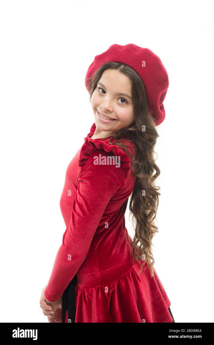 Fashionable kid. Happy girl. French style child. Parisian girl in beret. Fashion portrait cute girl wear trendy hat. Clothes shop. Fancy accessories. Exquisite manners. Fashion concept Stock Photo Ala...