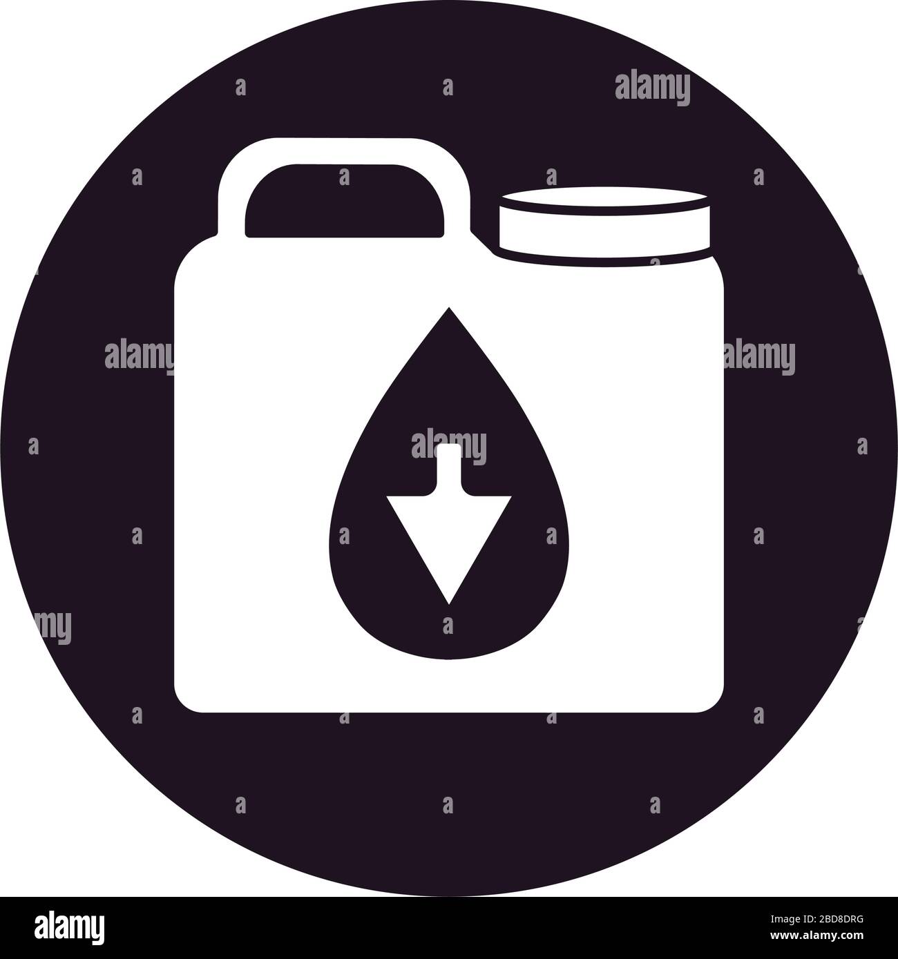 oil crash concept, gallon with oil drop with arrow down over white ...