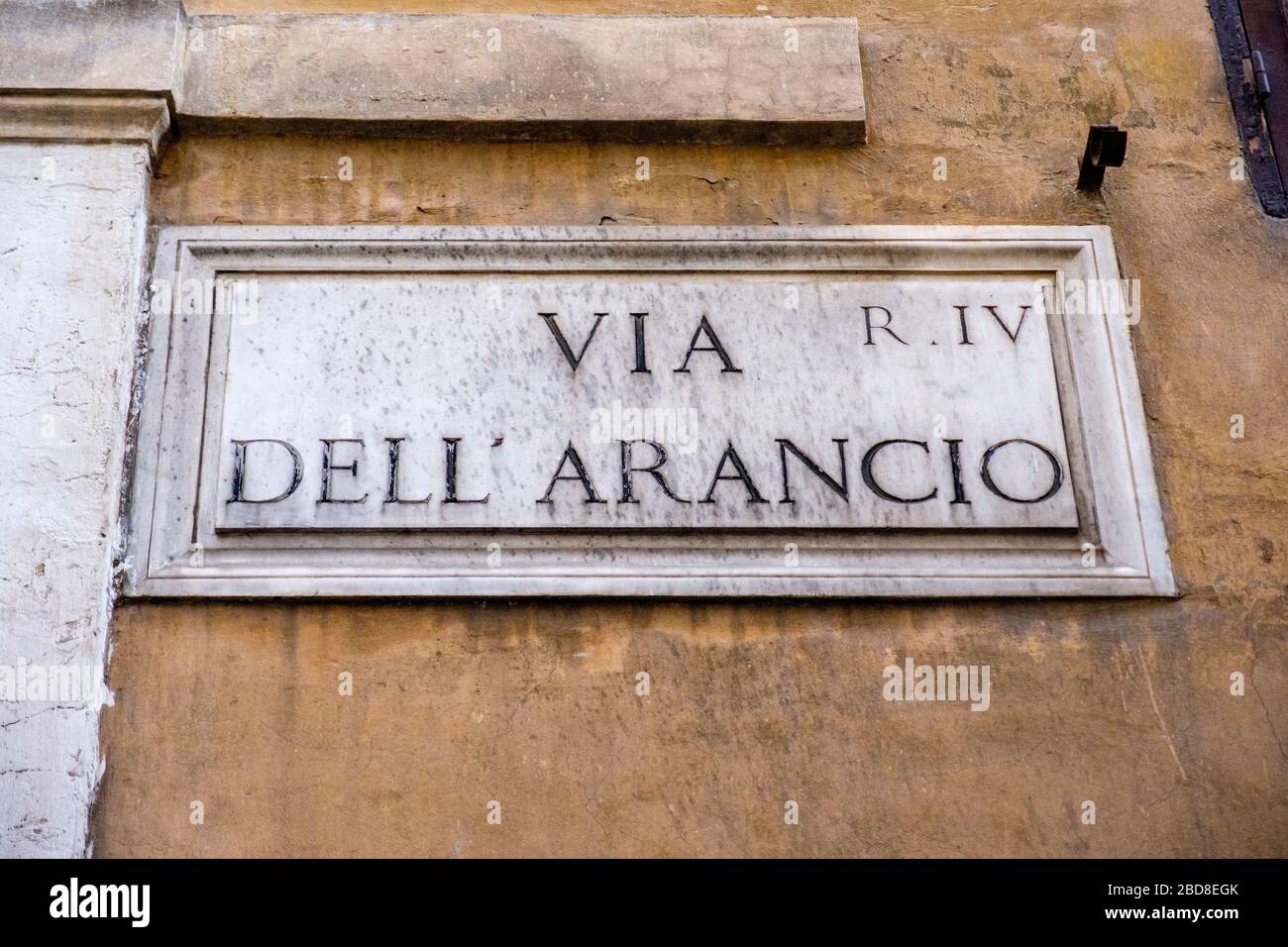 Via Dell Arancio vintage marble street sign, Rome, Italy. Stock Photo