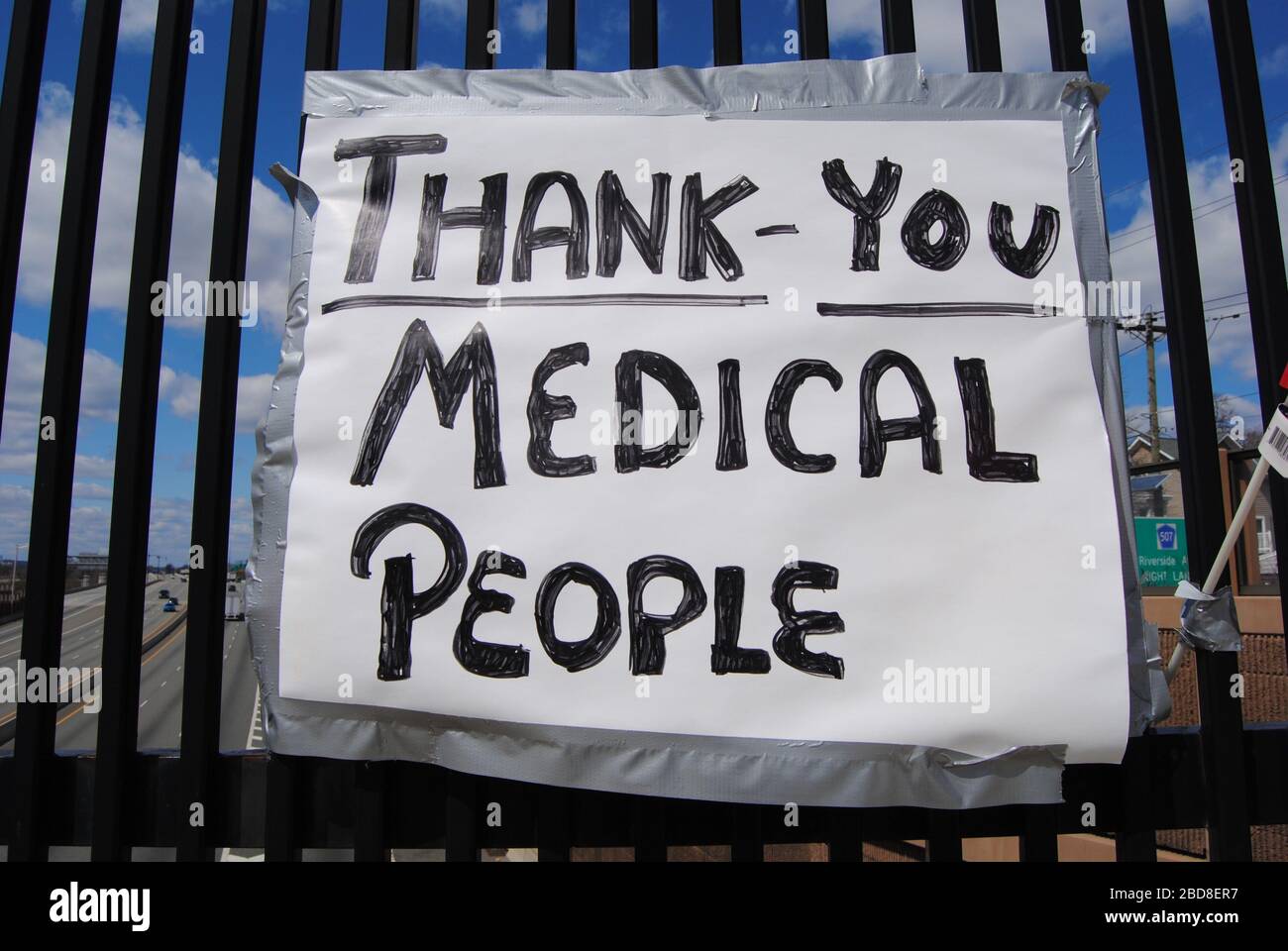 Rutherford, New Jersey / USA - April 01 2020: A handmade sign thanking medical people amid the novel coronavirus (COVID-19) pandemic. Stock Photo