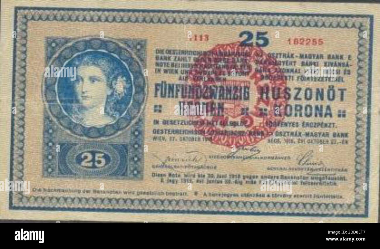 '25 Austro-Hungarian Kronen/korona, 1919 stamped Issue für Hungary - obverse; 1919; scan of an obsolete banknote; Österreichisch-Ungarischen Bank (Osztrák-Magyar Bank); ' Stock Photo