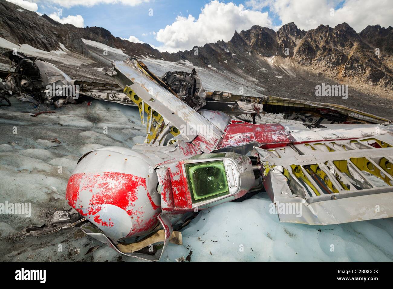The wreck of a military airplane on Bomber Glacier, Talkeetna Mountains, Alaska. A TB-29 Superfortress (trainer B-29 bomber) crashed here in 1957 duri Stock Photo