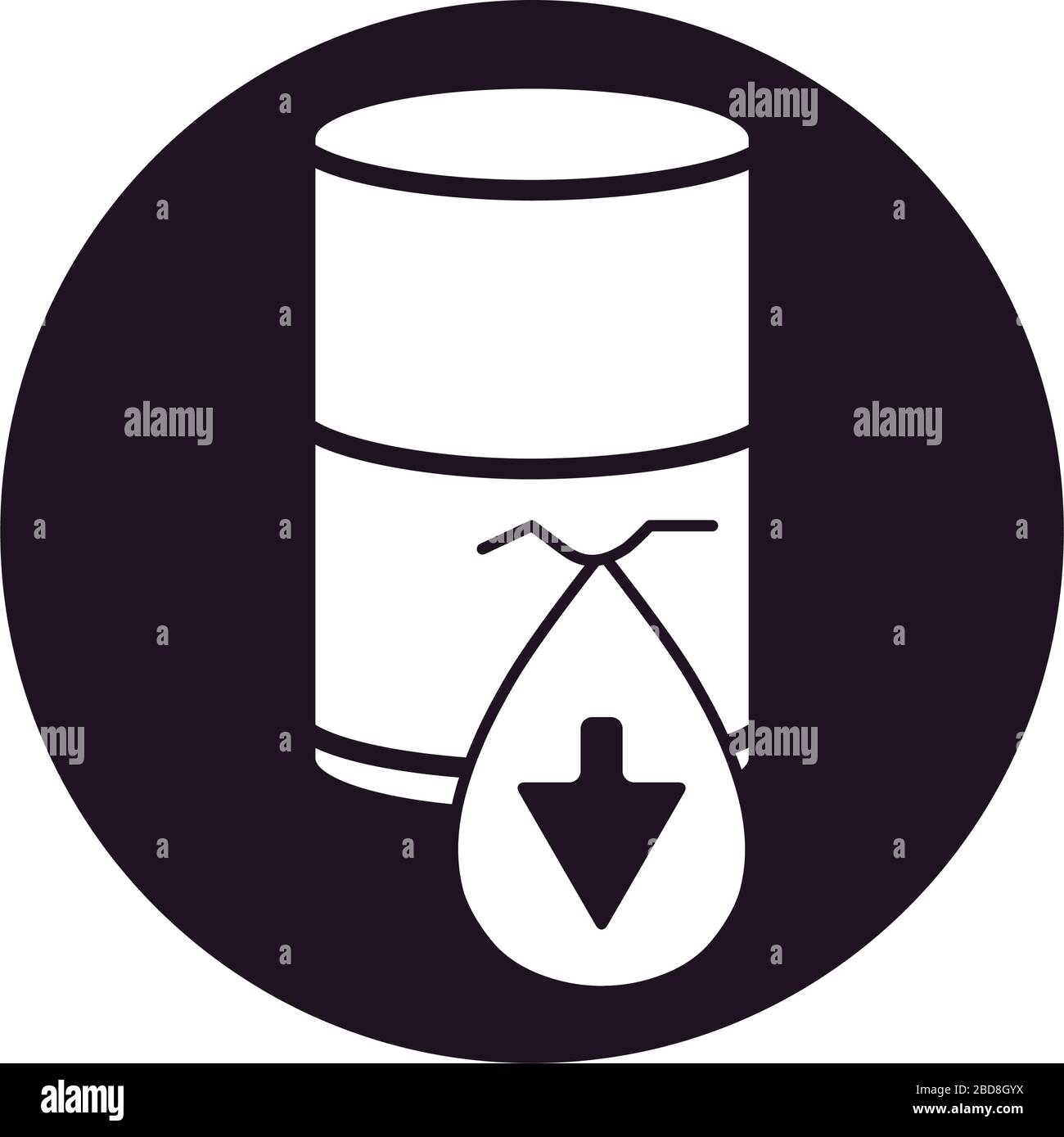 oil crash concept, broken oil barrel with drop with arrow down over
