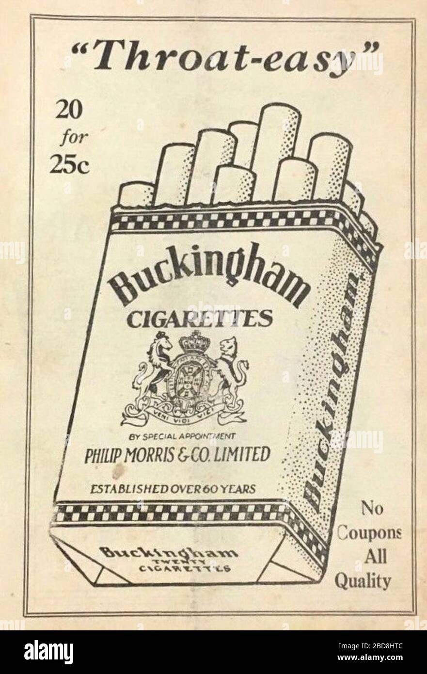 'Français : Publicité pour des cigarettes Buckingham dans un programme de catch en 1930; 1930; https://www.ebay.ca/itm/1930-Arena-Gardens-Wrestling-Program-Sports-Dynamite-Gus-Sonnenburg-Vintage-Rare/332299318125?hash=item4d5e95336d:g:xsoAAOSwgu9ZY49o; Public domainPublic domainfalsefalse      This Canadian work is in the public domain in Canada because its copyright has expired due to one of the following: 1. it was subject to Crown copyright and was first published more than 50 years ago, or it was not subject to Crown copyright, and  2. it is a photograph that was created prior to January 1 Stock Photo